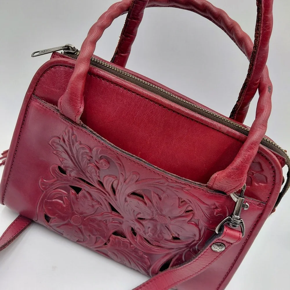 Patricia Nash Red Tooled Leather Satchel Crossbody Bag Floral Cutout Tassel